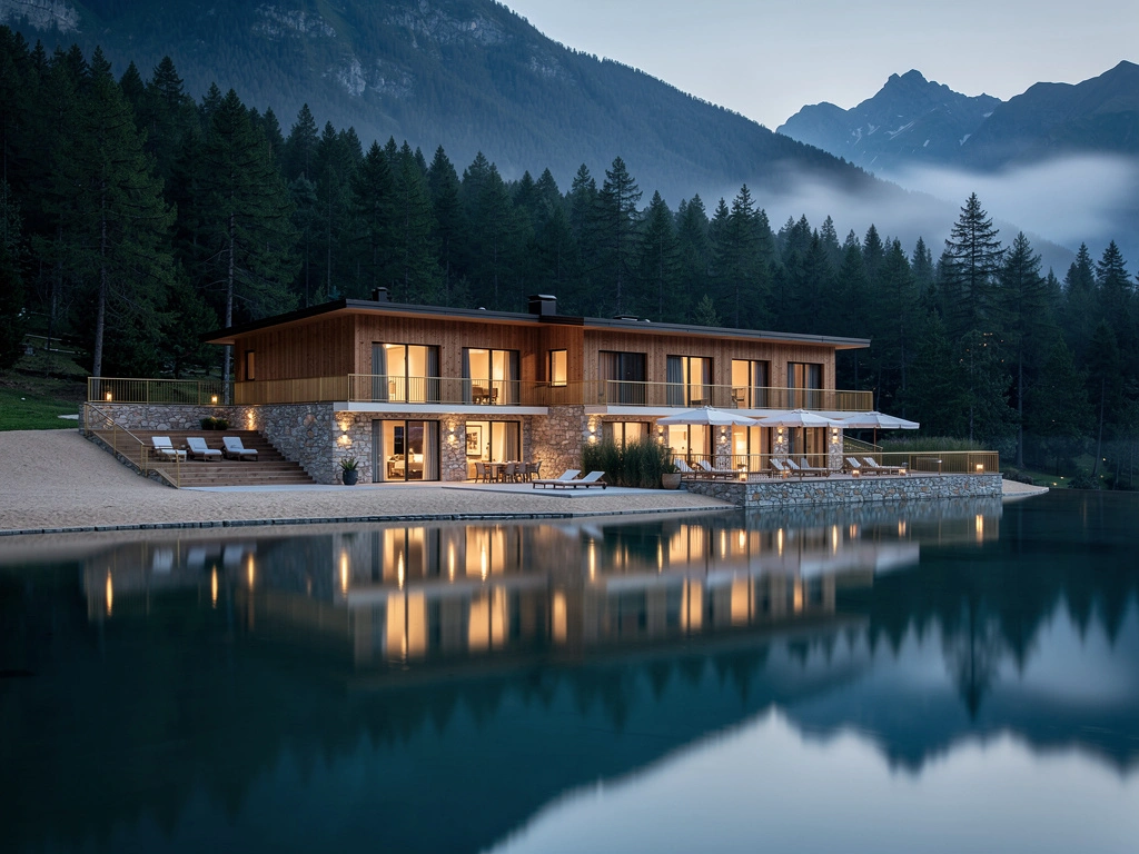 REFUGIO Boutique-Hotel am Bergsee in der Abenddämmerung